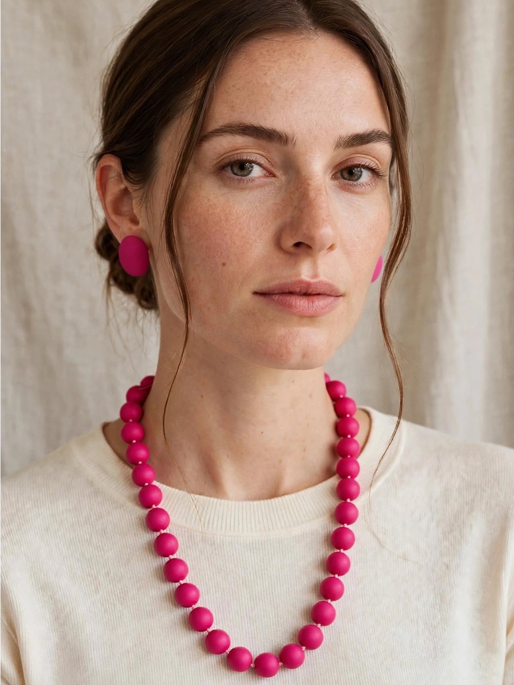Fuchsia Beaded Necklace with Matching Stud Earrings